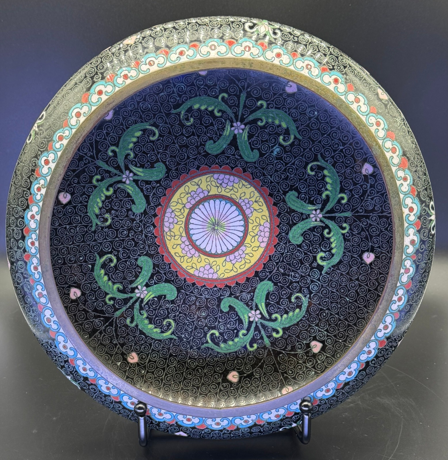 Large 10” Antique Chinese Cloisonne Bowl Floral Enamel & Brass Floral