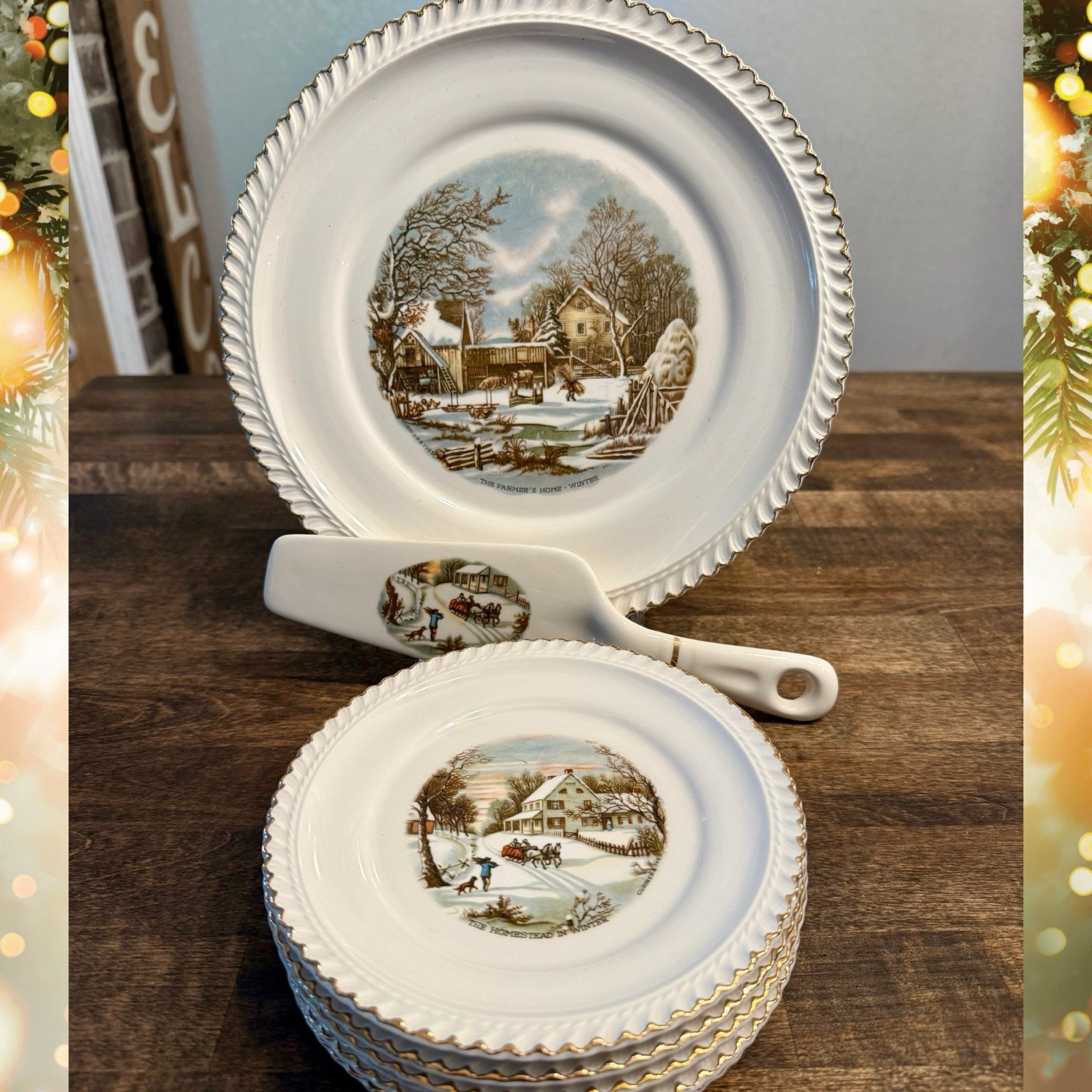 Vintage Harkerware Currier & Ives Cake Plate•6 Dessert Plates•Server 22k Gold