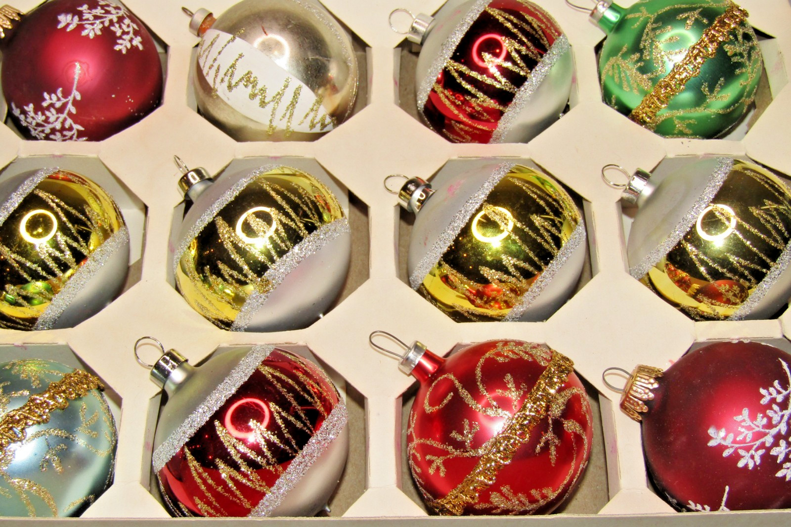 Lot VTG Glass Assorted Pictured Glittered BALL Christmas Ornaments Shiny Brite
