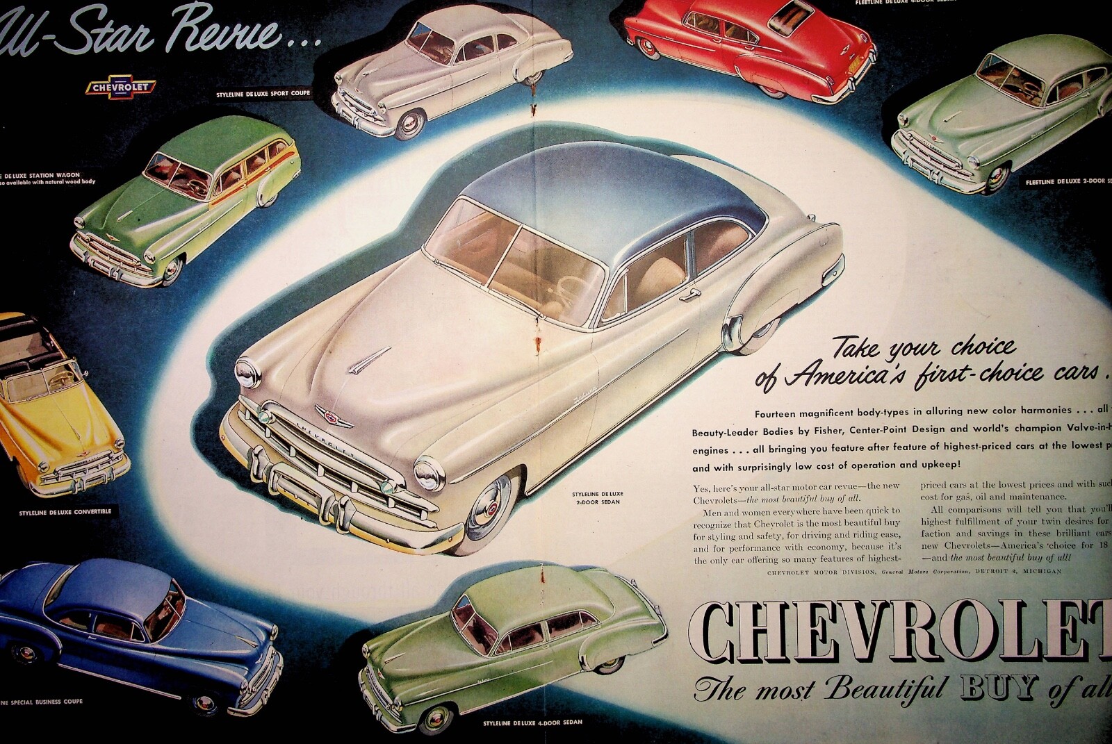 Original 1949 Chevrolet Ad: '49 Seven Models rotating One Chevrolet Model