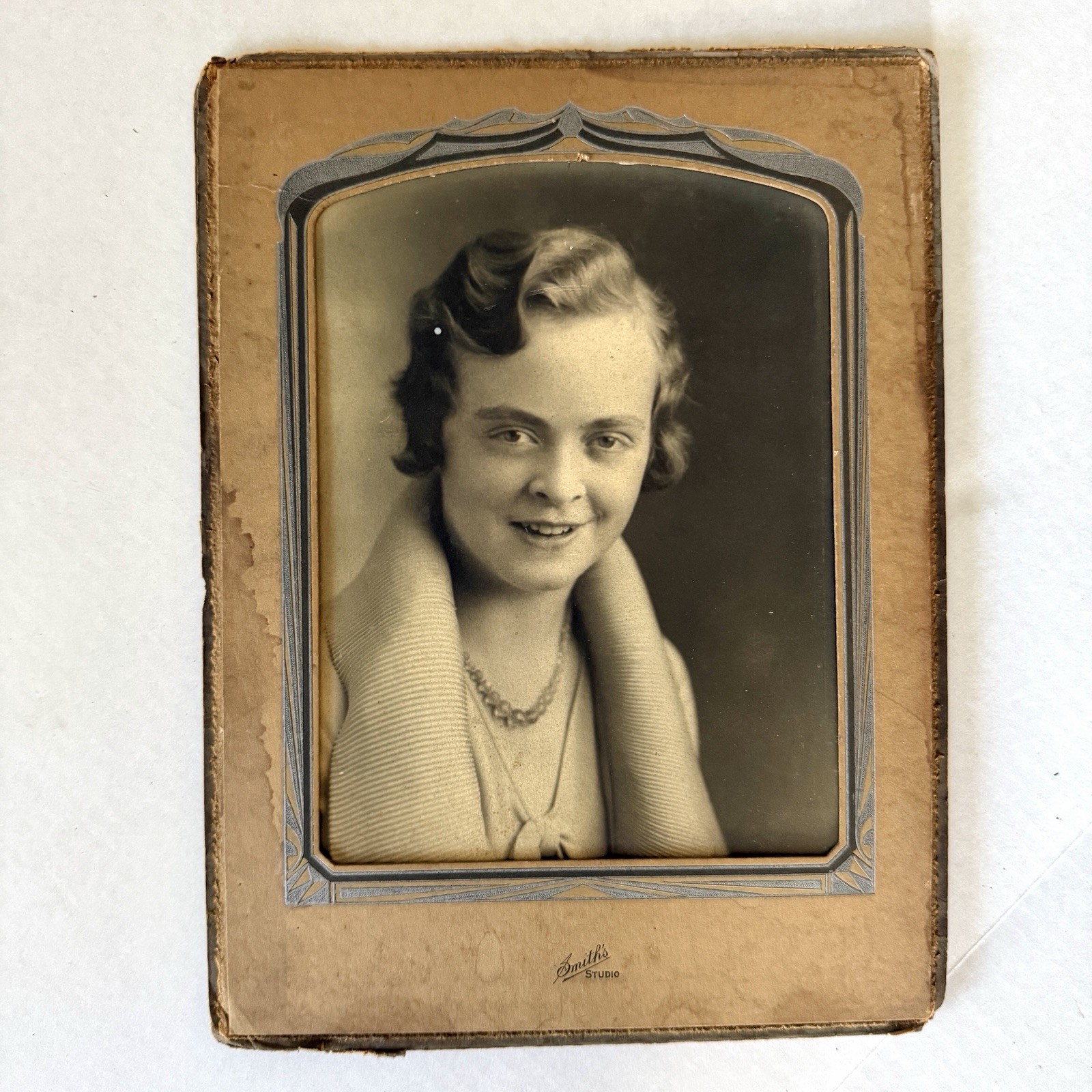 Vtg 1920s Smith Studio Flapper Woman Photo Portrait Pearls Bob Hair 8x10” Photo
