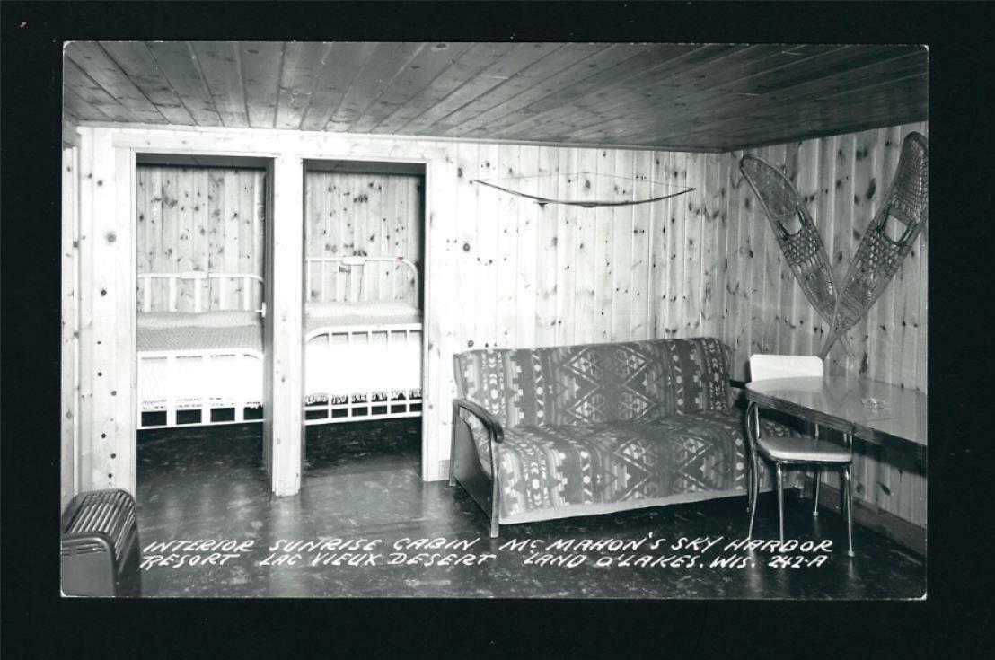 Land O\'Lakes Wisconsin WI c1939 RPPC McMahon\'s Sky Harbor Resort, Sunrise Cabin