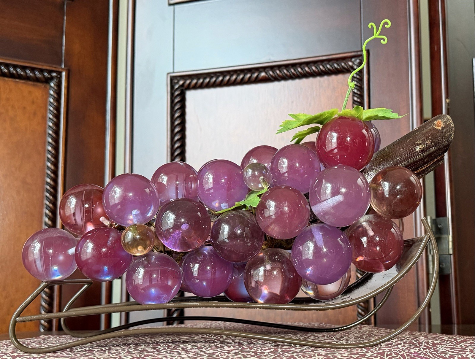 Vintage Purple Lucite Grape Cluster on Driftwood Mid Century Modern w/ Stand