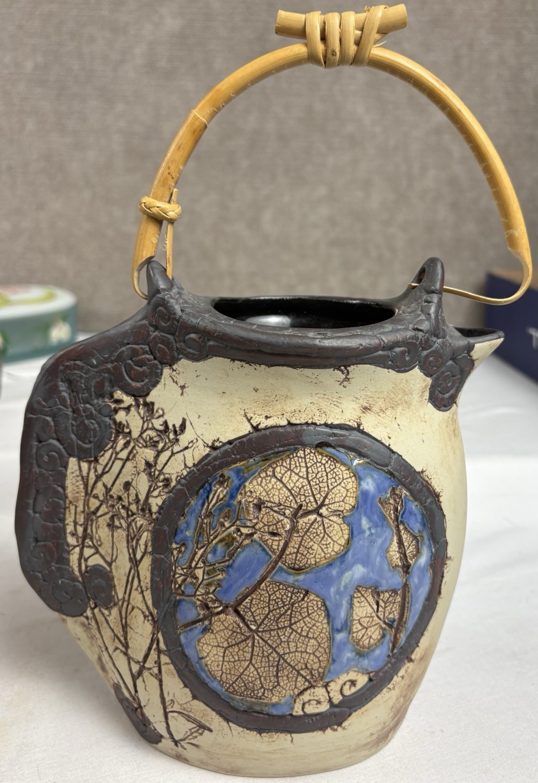 Vintage Malaysia Handicraft Tenmoku Pottery Bamboo Handle Leaf Pitcher Ewer