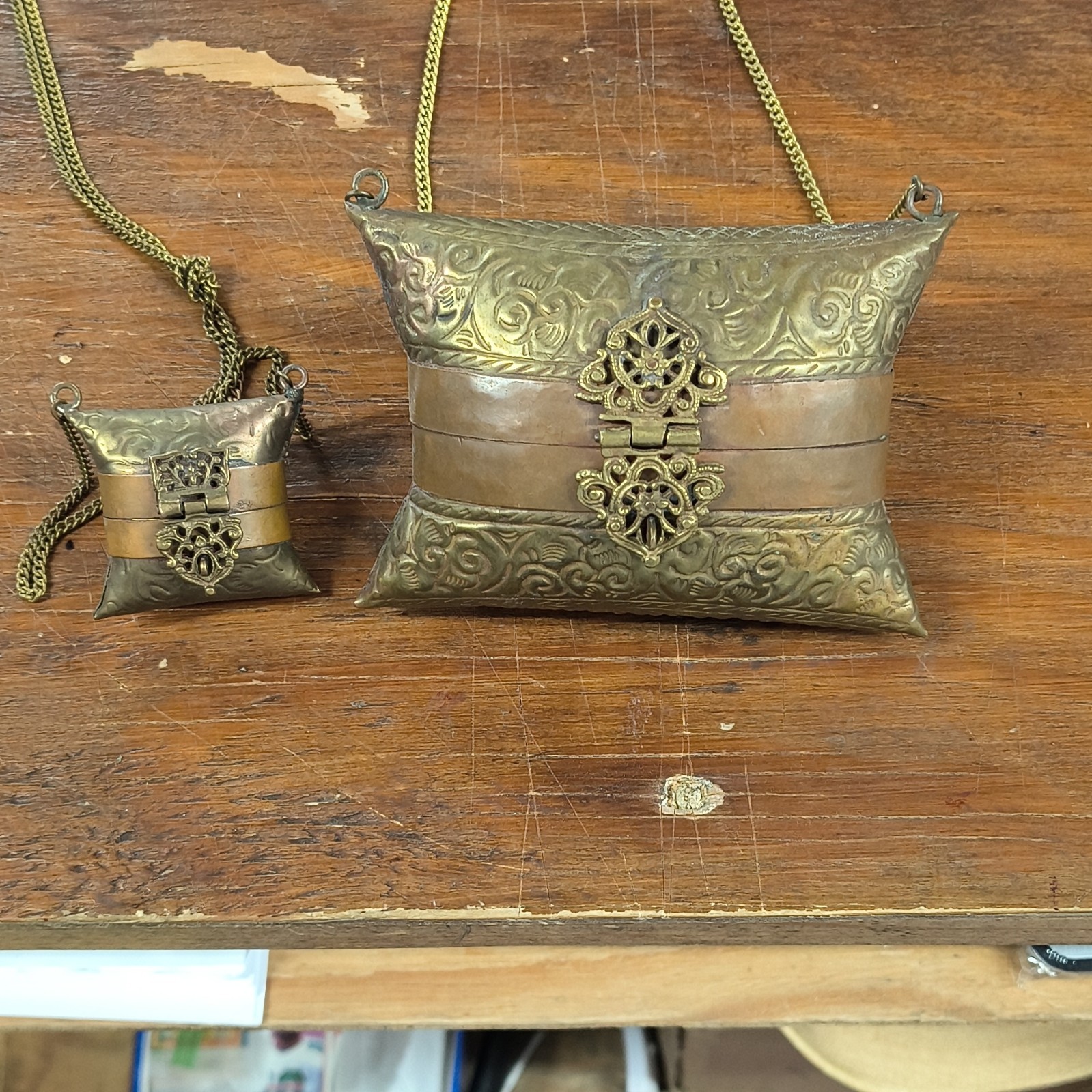 Pair Vintage-Style Pillow-Shaped Metal Trinket Boxes w/ Chains, Velvet-Lined