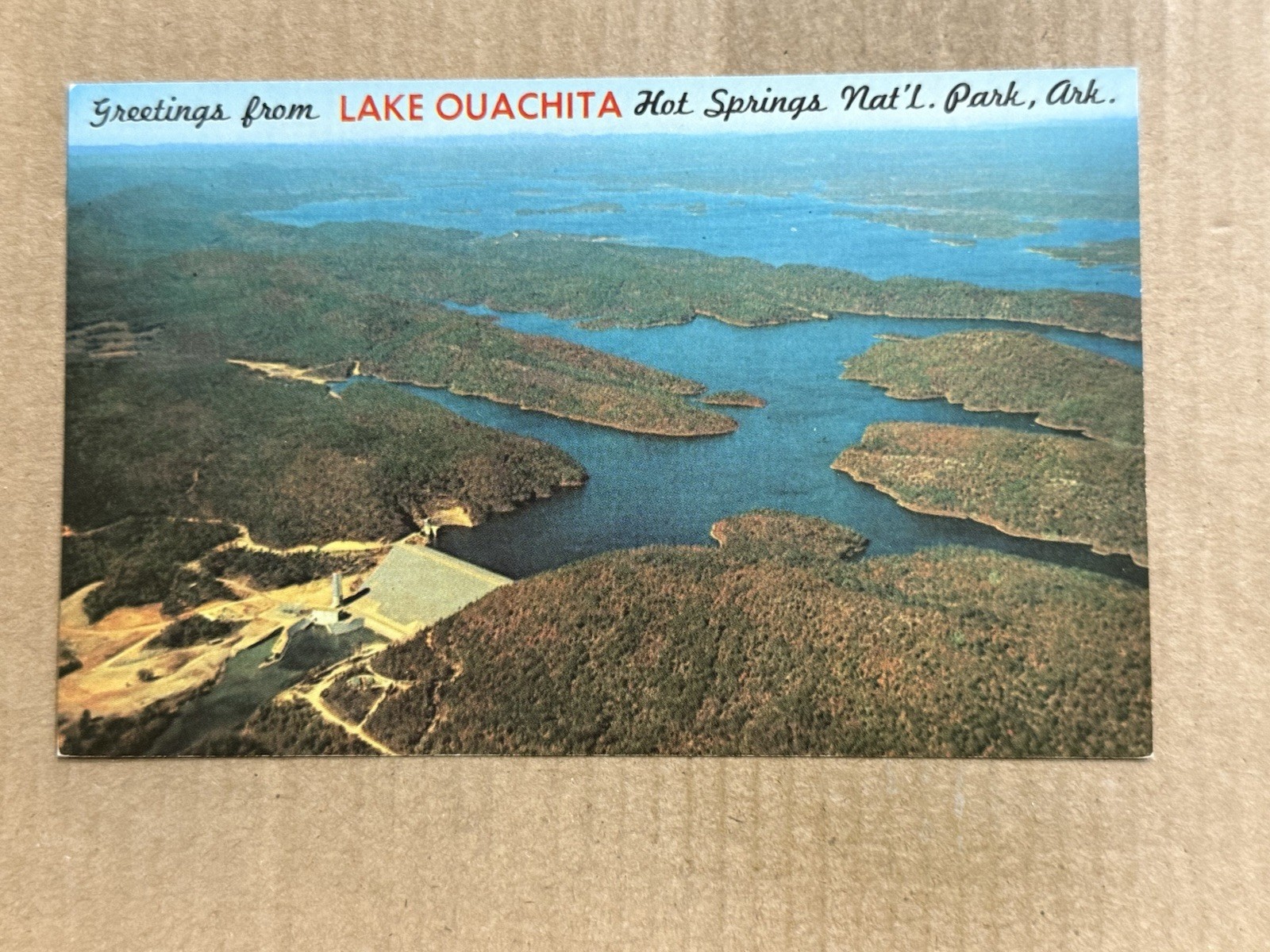 Postcard Arkansas AR Blakely Mountain Dam Lake Ouachita Scenic Aerial View