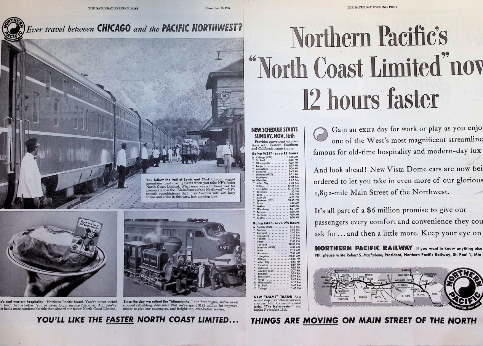 Original 1952 Northern Pacific Ad: North Coast Limited Streamliner Train Travel