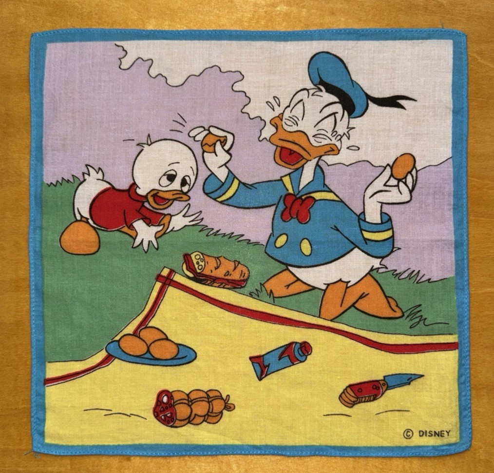 Vintage Disney Handkerchief Donald Duck Picnic rare 1960s/1970s cotton