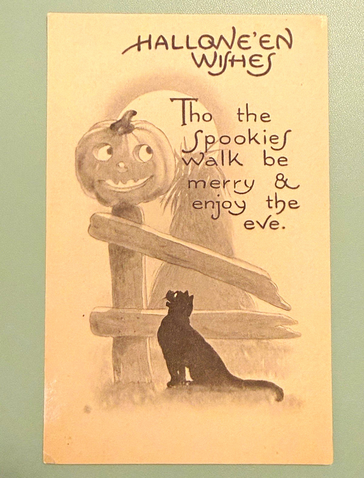 Vtg. Halloween Wishes Postcard-(Tho the Spookies) Black Cat & Jack-o\'-Lantern