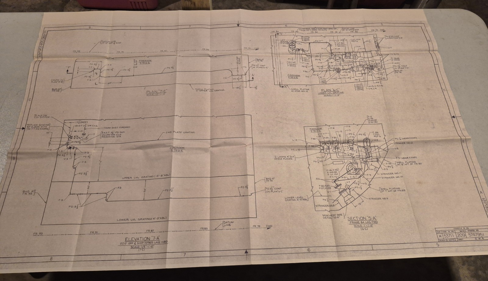 Vintage Large Marine Vessel Brownprint Drawing Plan Industrial Decor Salvage