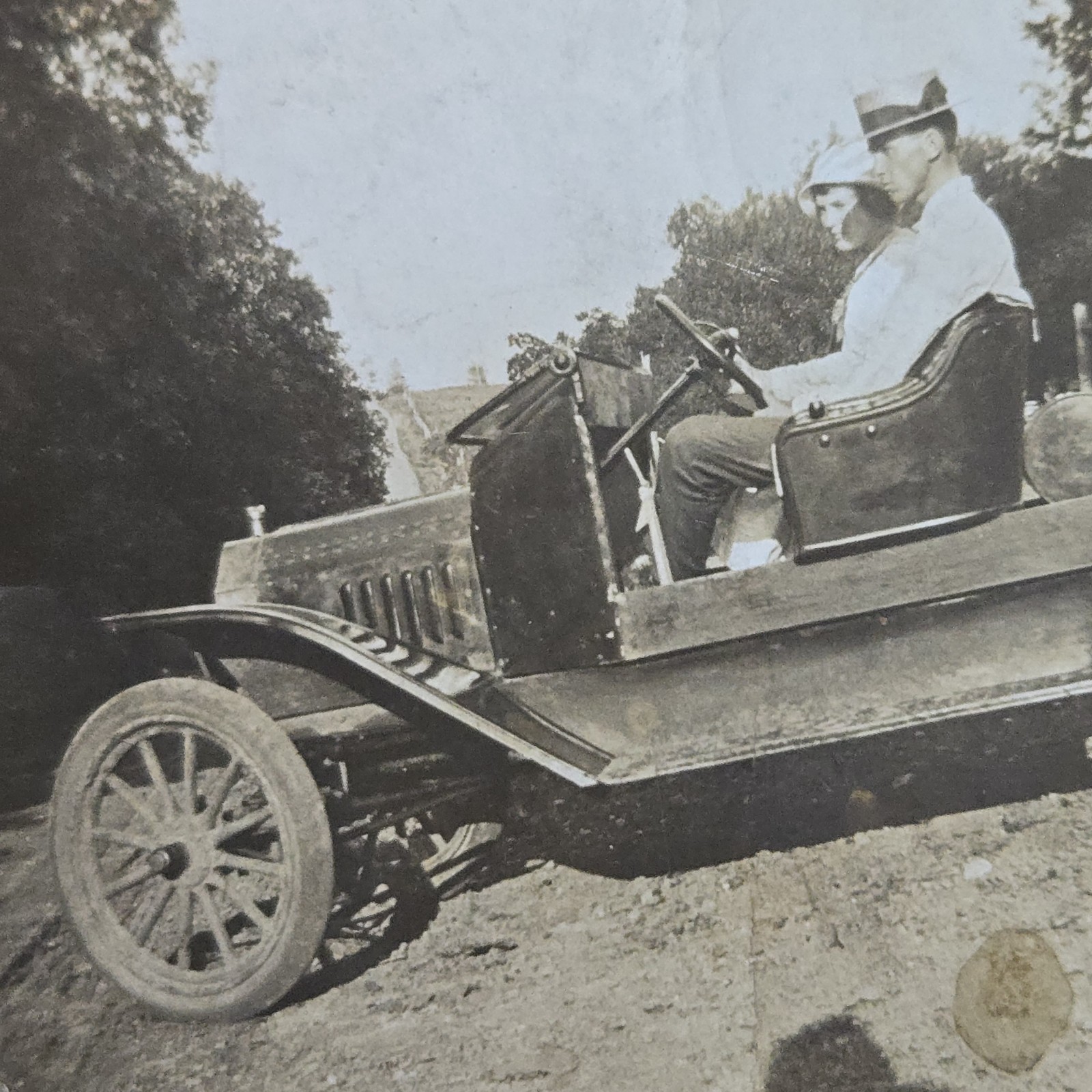 Vintage Photo Snapshot of Young Couple in Nice Clothes Driving Antique Car