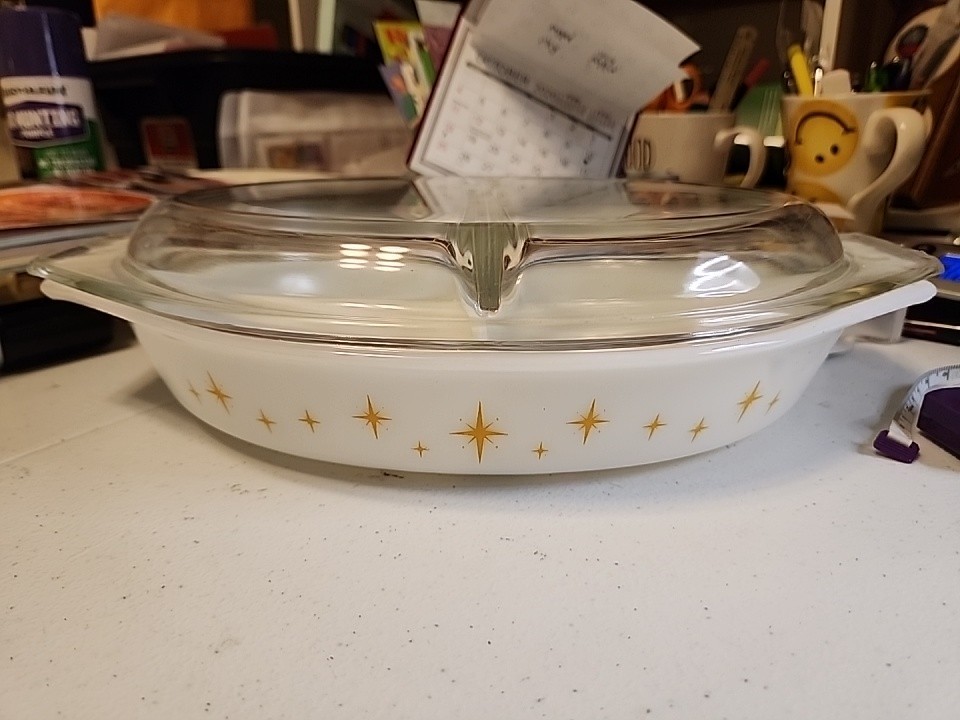 Vintage Pyrex Constellation Cinderella Divided Casserole Dish 1.5 qt With Lid