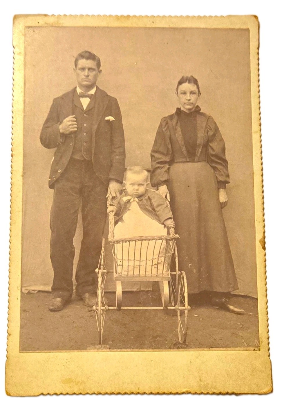 Antique 1890s 1900s Photo Family Portrait Baby Wicker Stroller Buggy Pinned Edge