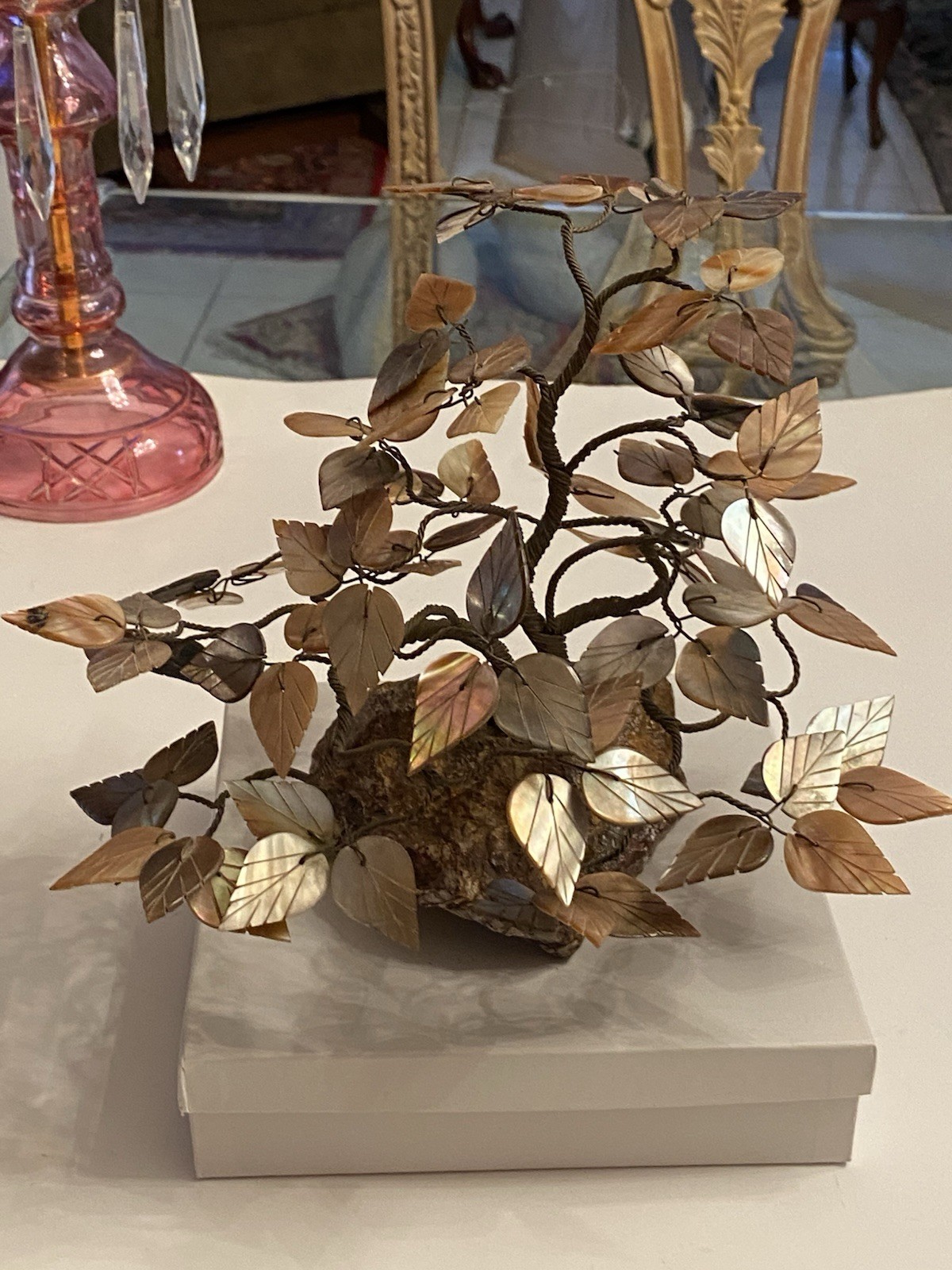 Vintage Mother Of Pearl Capiz Shell Brown Raw Quartz Base Bonzsai Tree