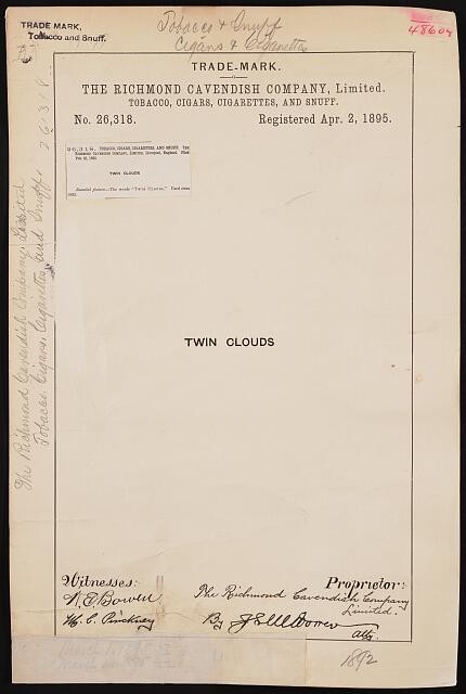 1895 Richmond Cavendish Co Twin Clouds Tobacco Trademark Registration