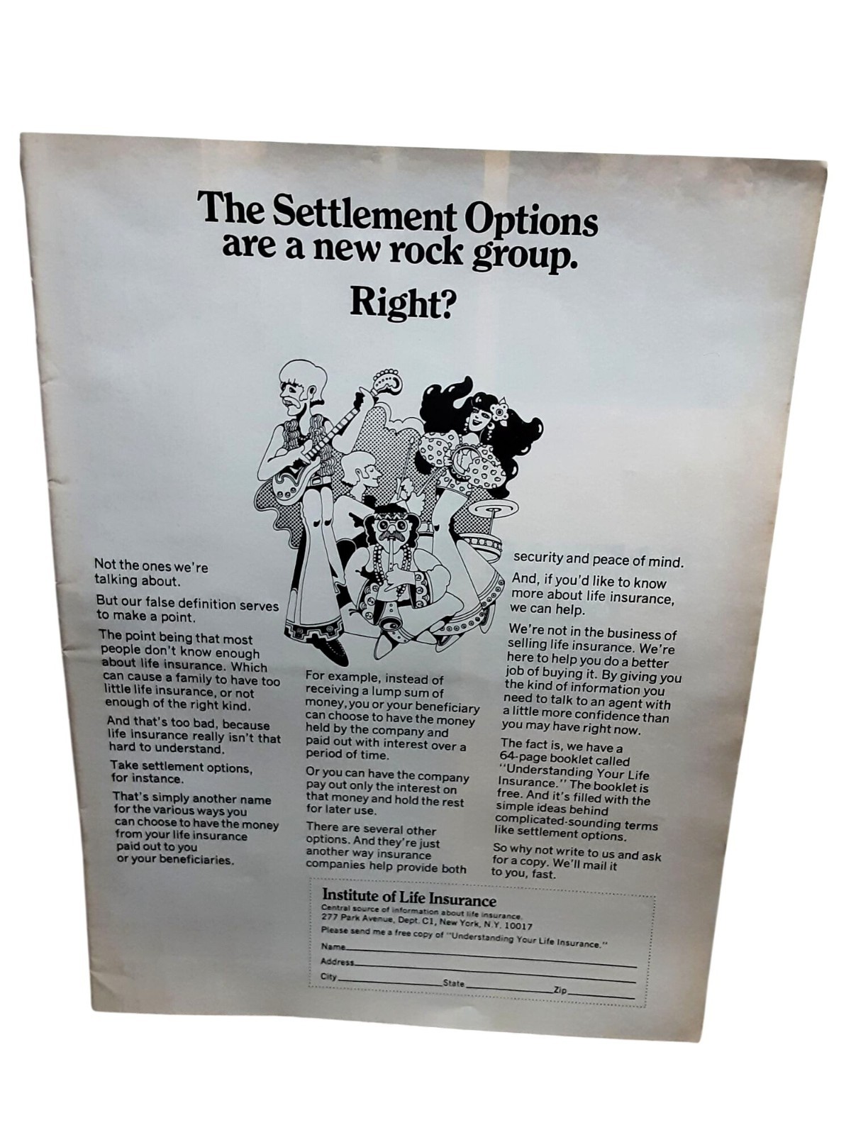 Vintage 1971 Insurance Ad Settlement Options Rock Group Cartoon