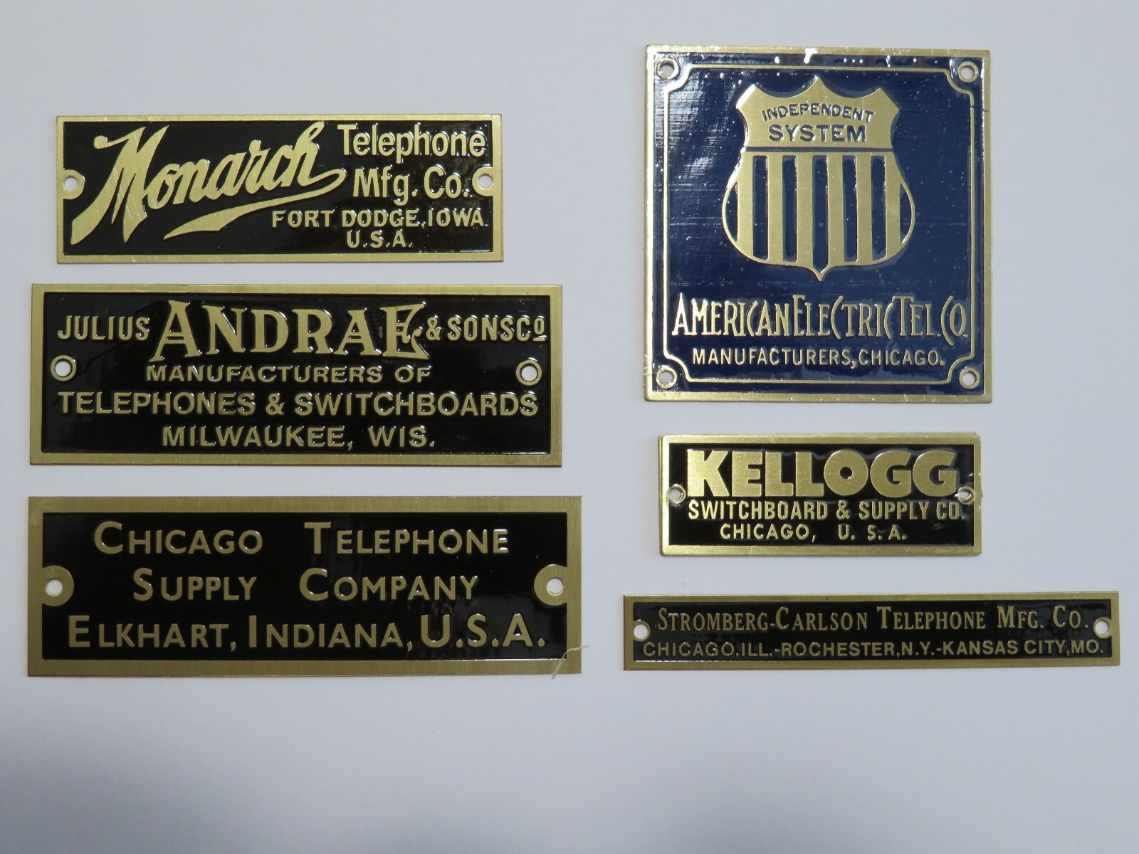 Antique telephone nameplate  Kellogg,Chicago T, Julius Andrae,Monarch + Others 