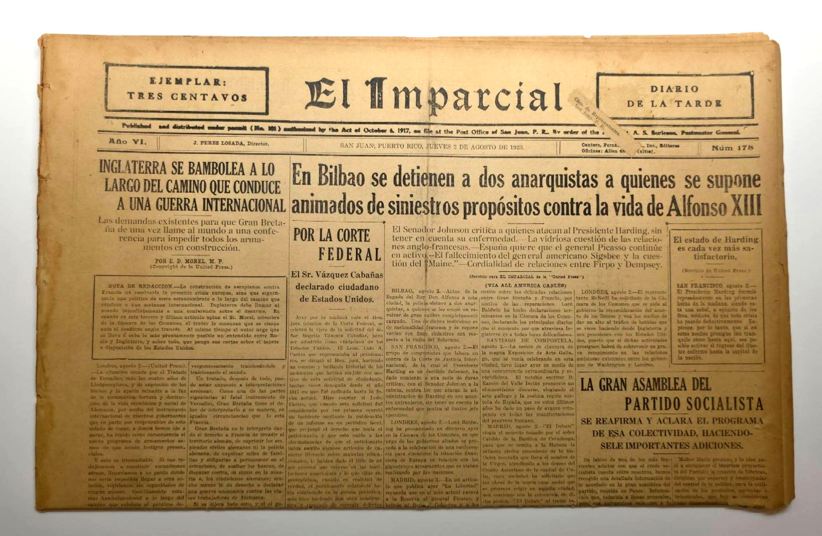 ANTIQUE NEWSPAPER / EL IMPARCIAL / SAN JUAN PUERTO RICO 1923 RARE