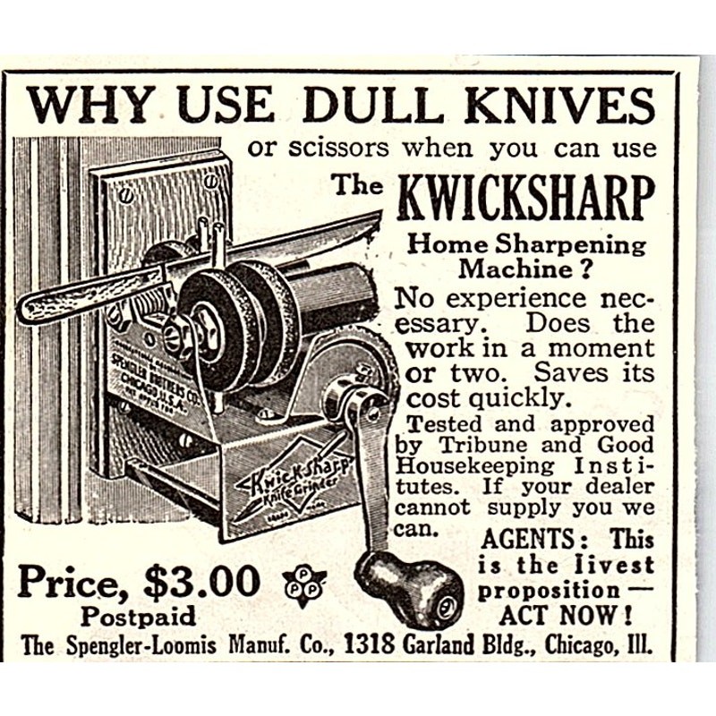Kwicksharp Home Sharpening Machine Spengler-Loomis Chicago 2x2 c1915 Ad AF6-M3