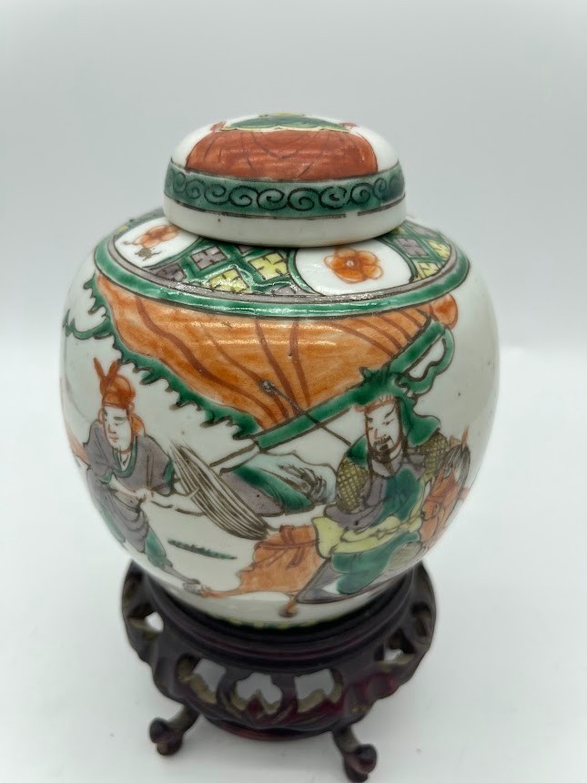 Antique Chinese Famille Verte Porcelain Ginger Jar with Lid Figural Design