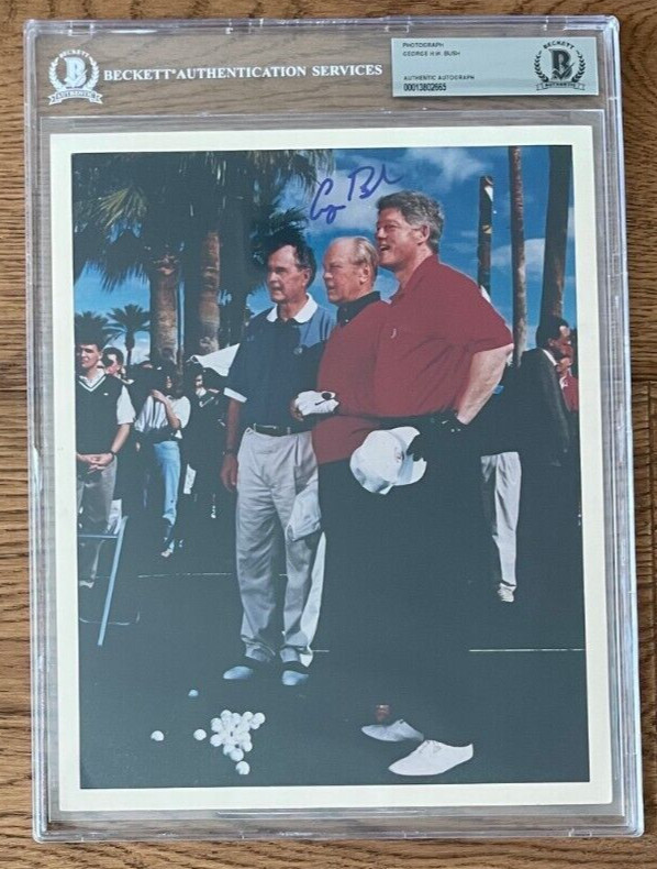 George Bush Auto Signed Beckett BAS Photo Reagan President psa Political Clinton