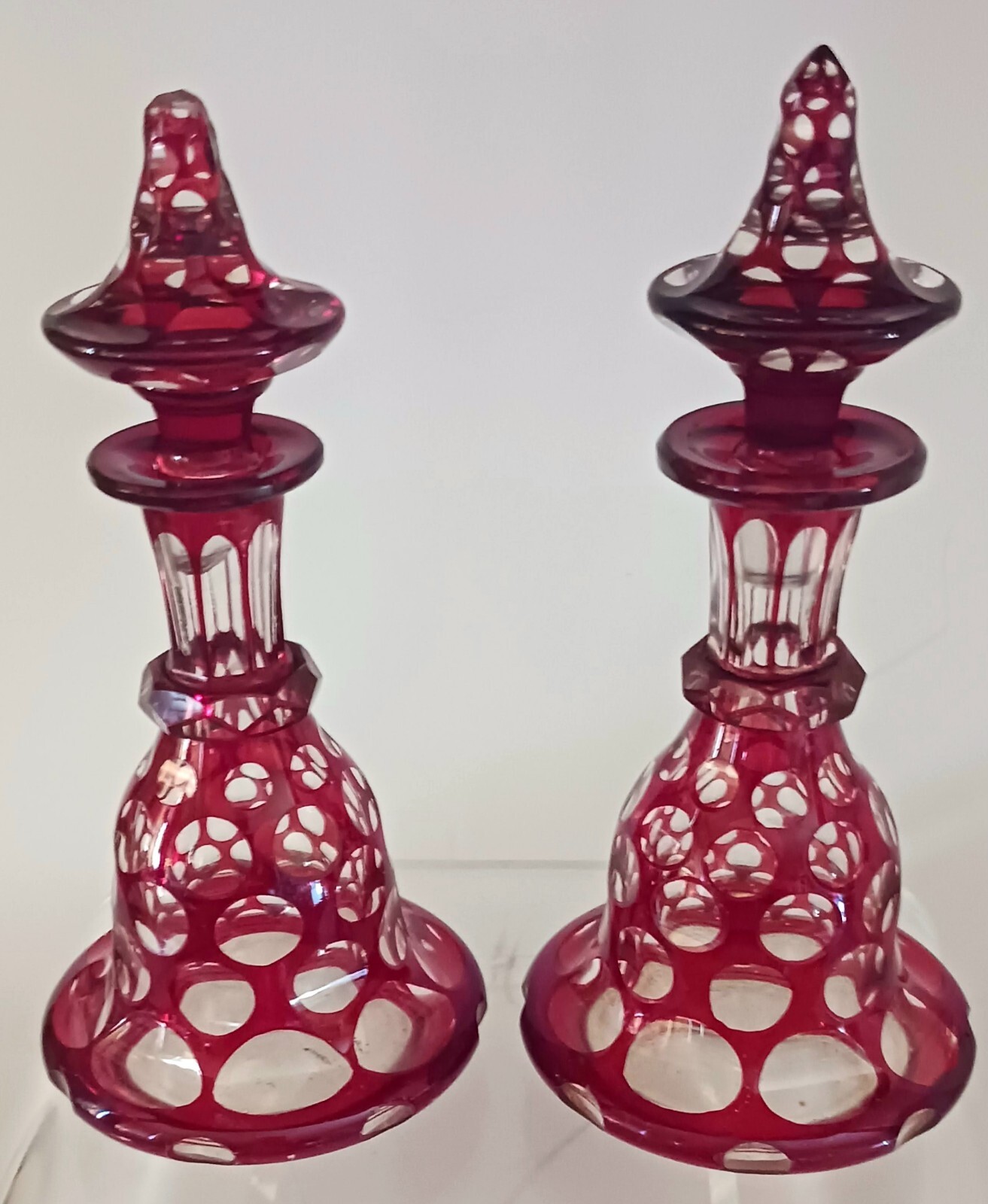 Pair Antique Bohemian Glass Ruby Red Honeycomb Cut Overlay Perfume Bottles