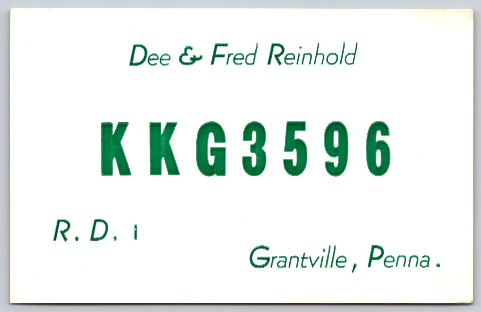 Vintage Grantville, Penna. KKG3596 Dee & Fred Reinhold Contact Card C56