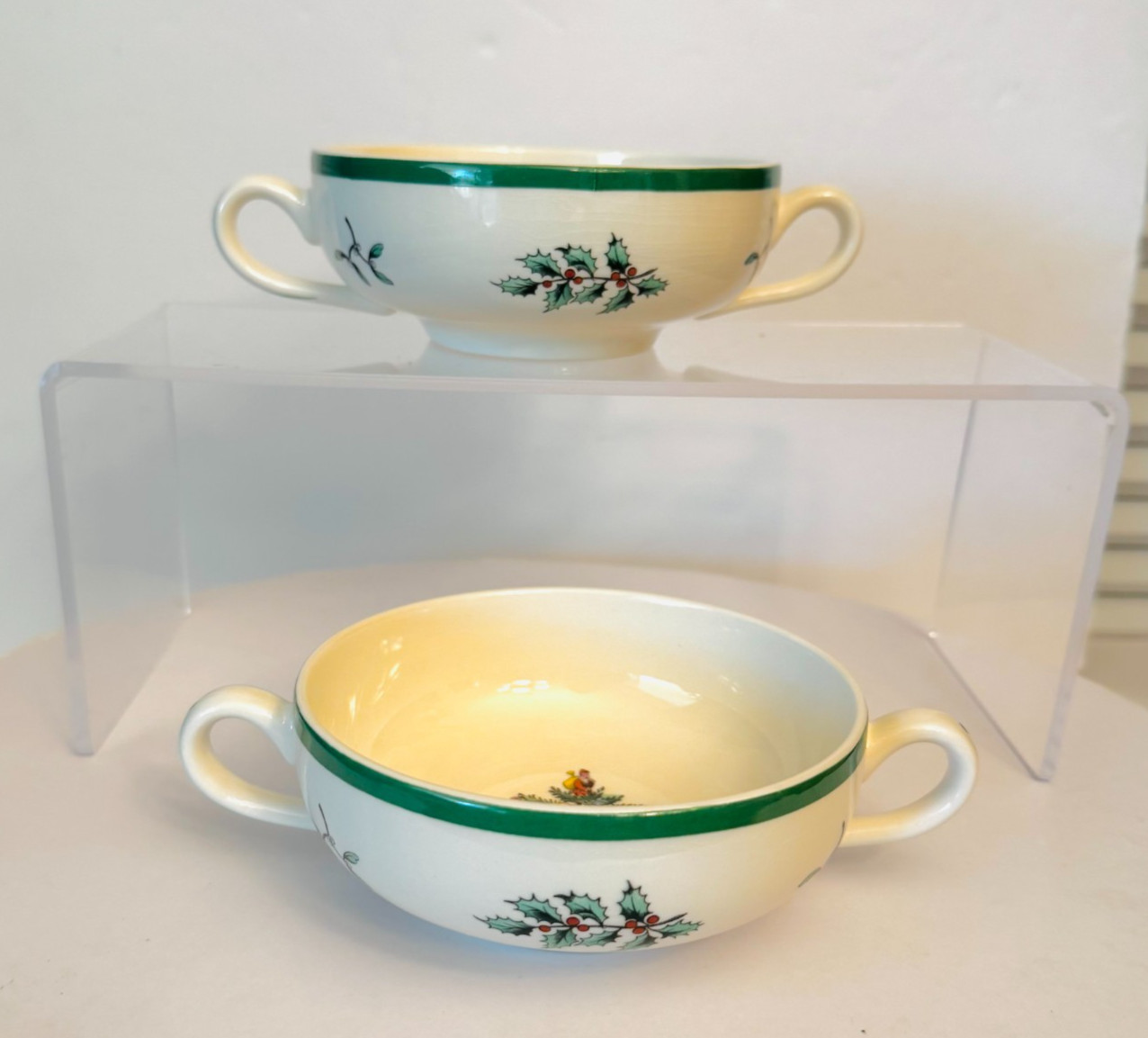 Vtg Set 2 Spode England Christmas Tree 6 oz Cream Soup Bowls 4.5