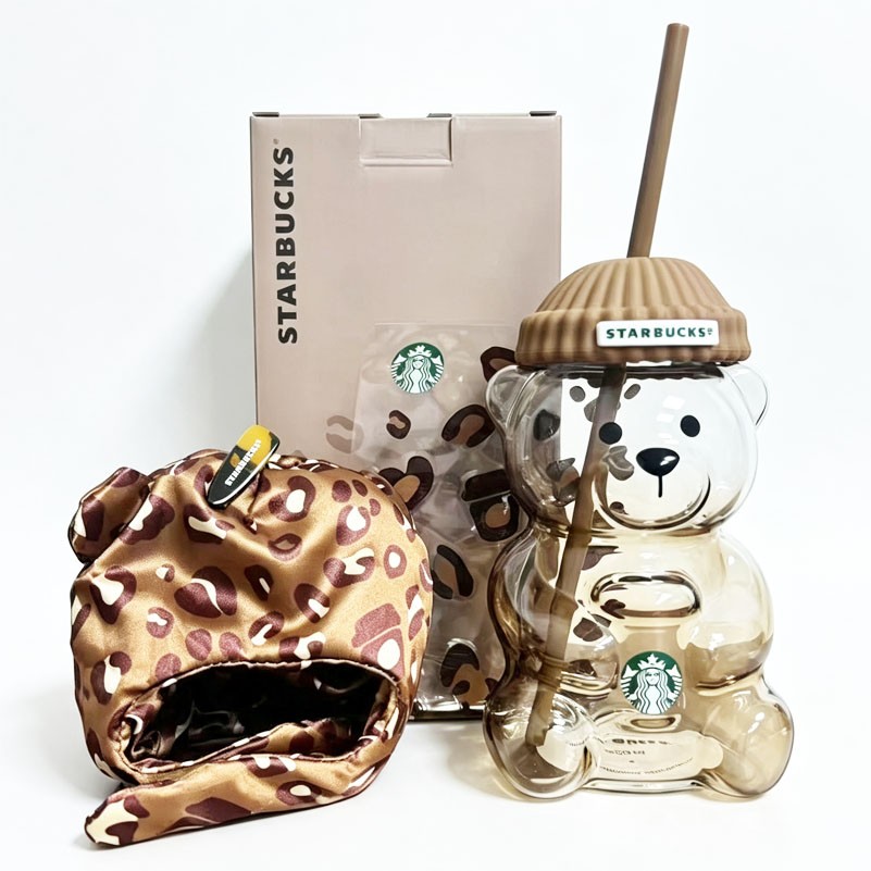New Starbucks 2026 Leopard Print Bearista Bear Glass Tumbler Straw Cup