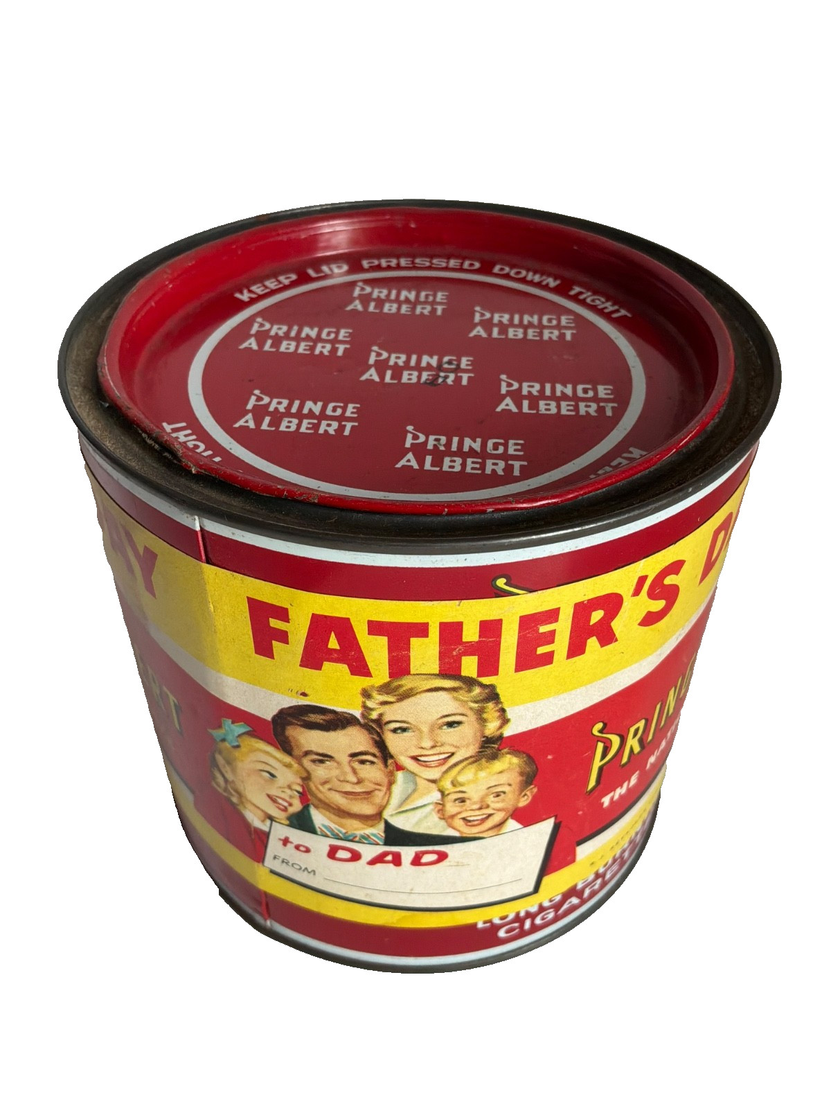 Vintage Metal 14 oz Prince Albert 1950s Fathers Day Special Label Tobacco Can