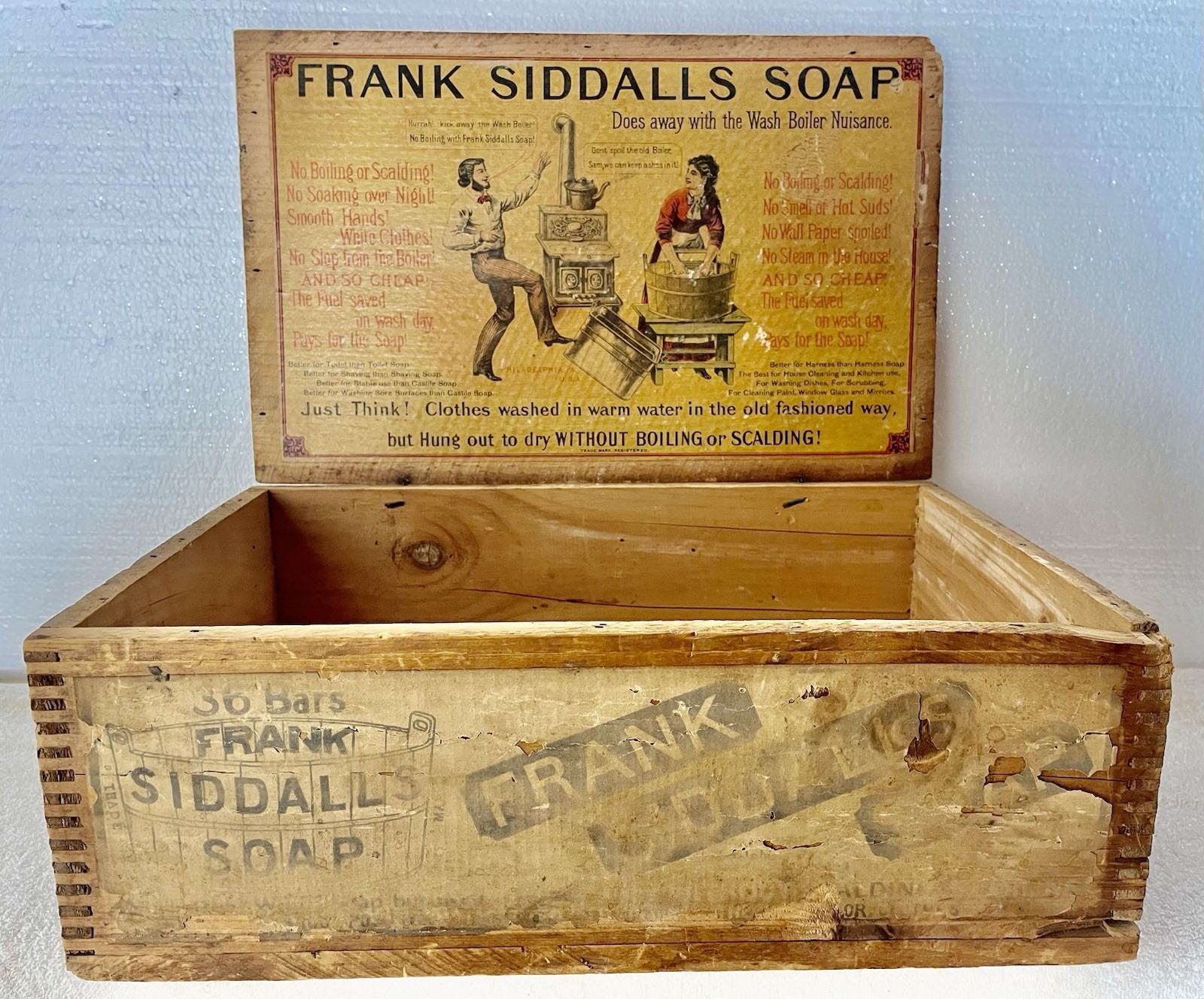 FRANK SIDDALLS  ANTIQUE WOOD SOAP BOX TOP LID PAPER ADVERTISING LABELS C1890