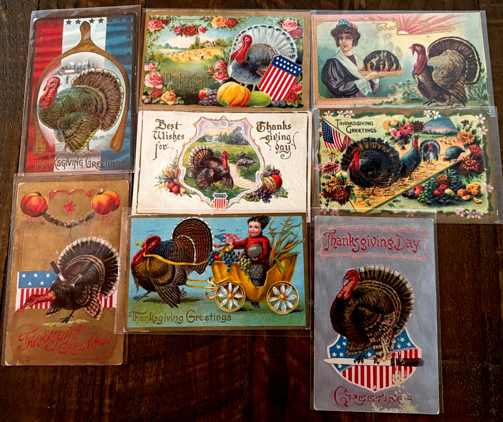 Nice ~Lot of 8 ~Antique~Patriotic~Thanksgiving Postcards~Turkeys~Flags~etc.~s697