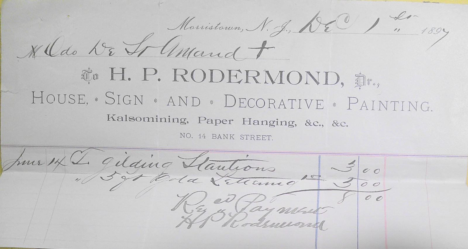 1897 Knights Templar NJ Invoice H.P. Rodermond Decorative Painter Gold Gilding