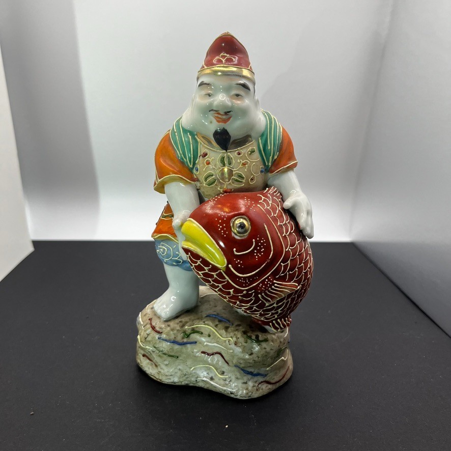 Antique Japanese Porcelain Ebisu Lucky God Figurine | Holding Red Koi Carp | Sat