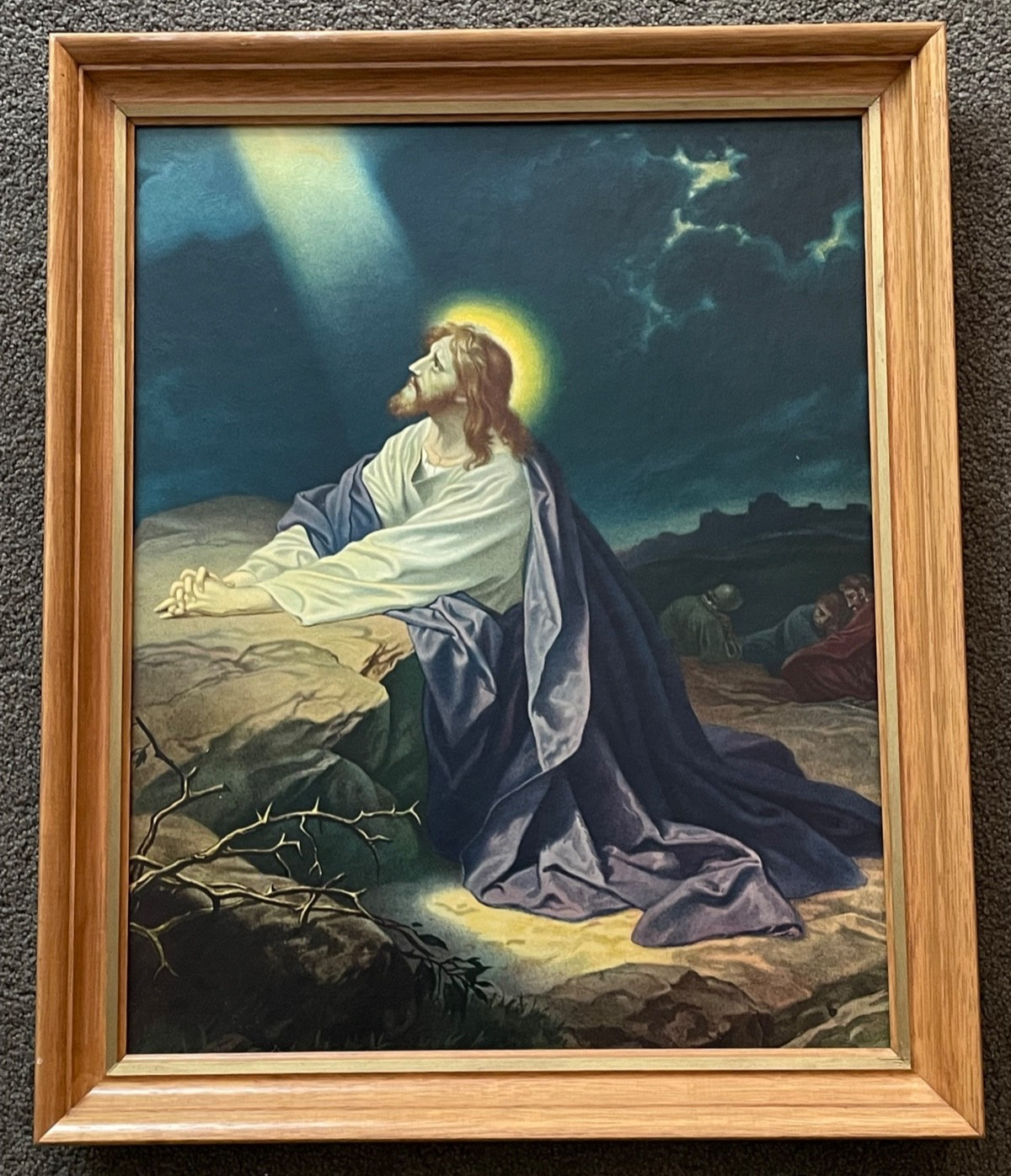 Vtg framed Litho print Jesus praying at the rock Gethsemane religious Art 19x23