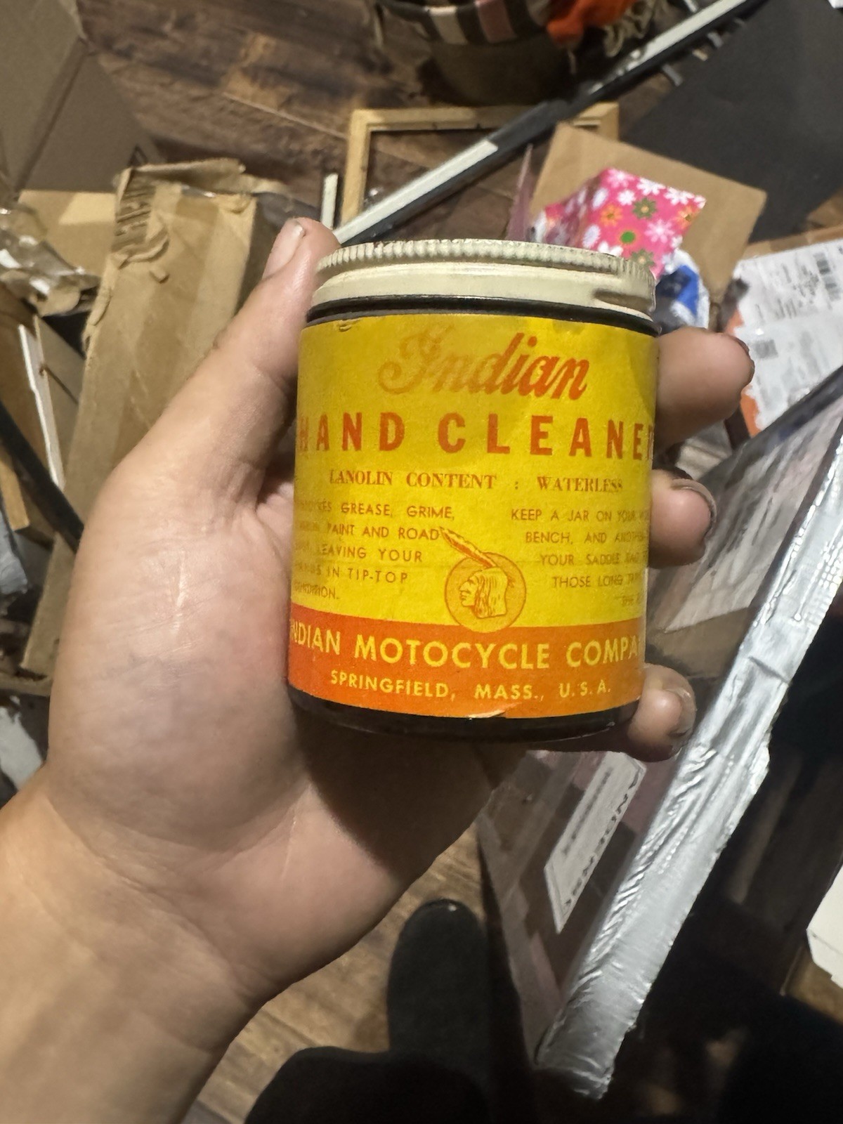 Rare Vintage Indian Motorcycle Hand Cleaner Glass Jar