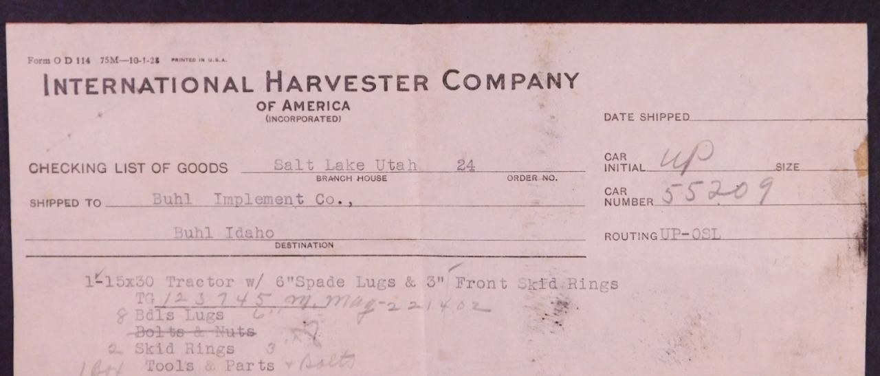 1929 International Harvester Co Check List of Goods Salt Lake City 24 B8S3