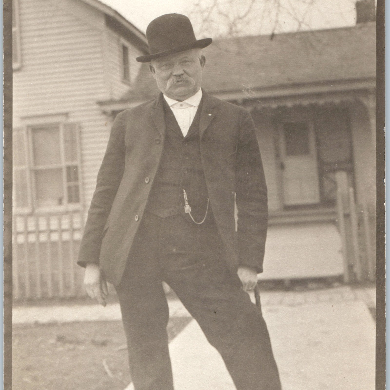 c1910s Man Bowler Hat RPPC Postcard Mustache Suit Watch Fob House Portrait