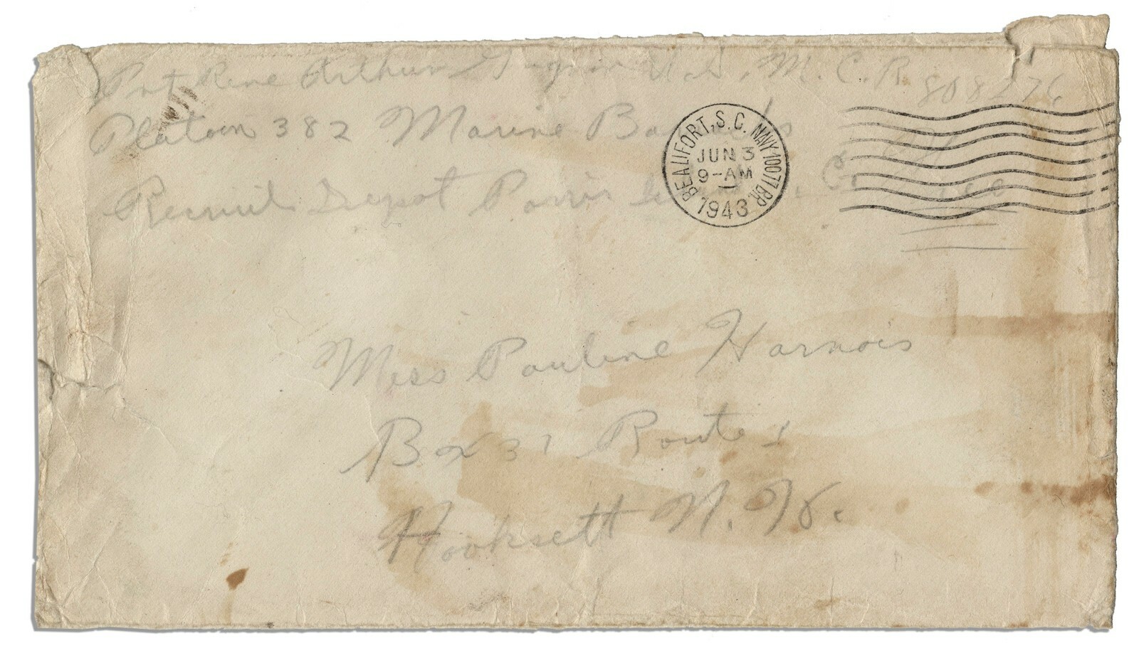 Rene Gagnon Signed Envelope From 1943 While a Marine