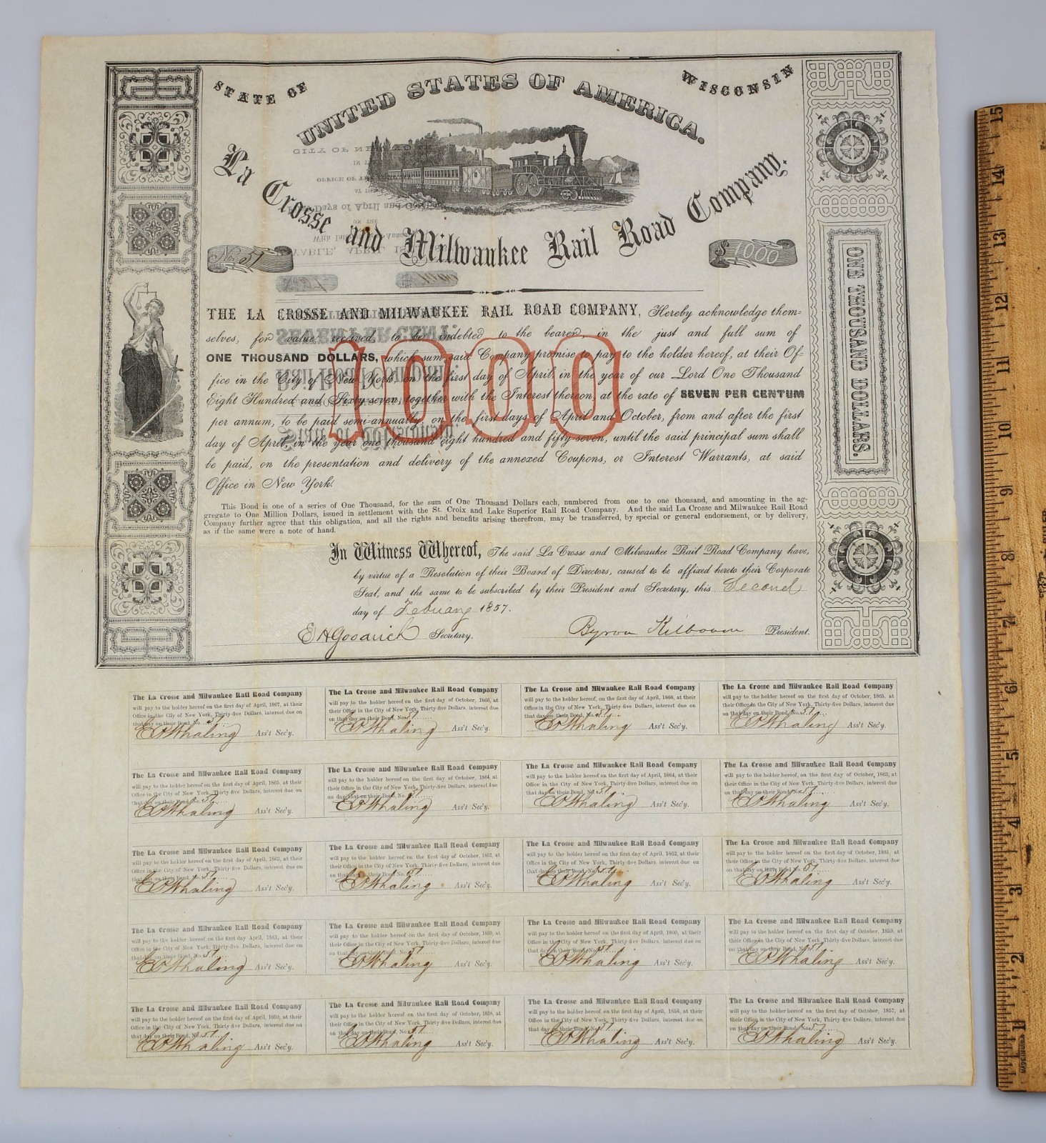 Vintage Stock Certificate LaCrosse and Milwaukee Railroad 1857 Byron Kilbourn