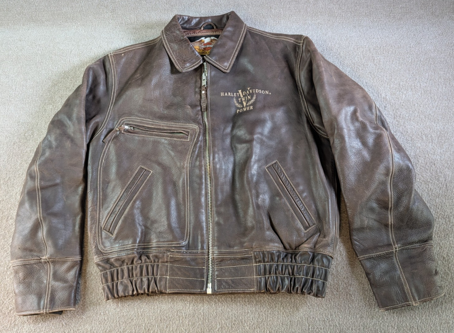 Harley Davidson Mens L Twin V Power Billings Brown Leather Jacket Distressed