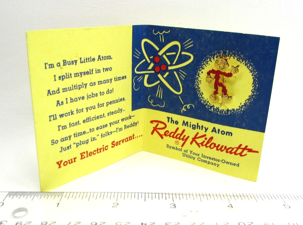 Vintage 1955 Reddy Kilowatt Pin Original Card The Mighty Atom Electric NOS NIP