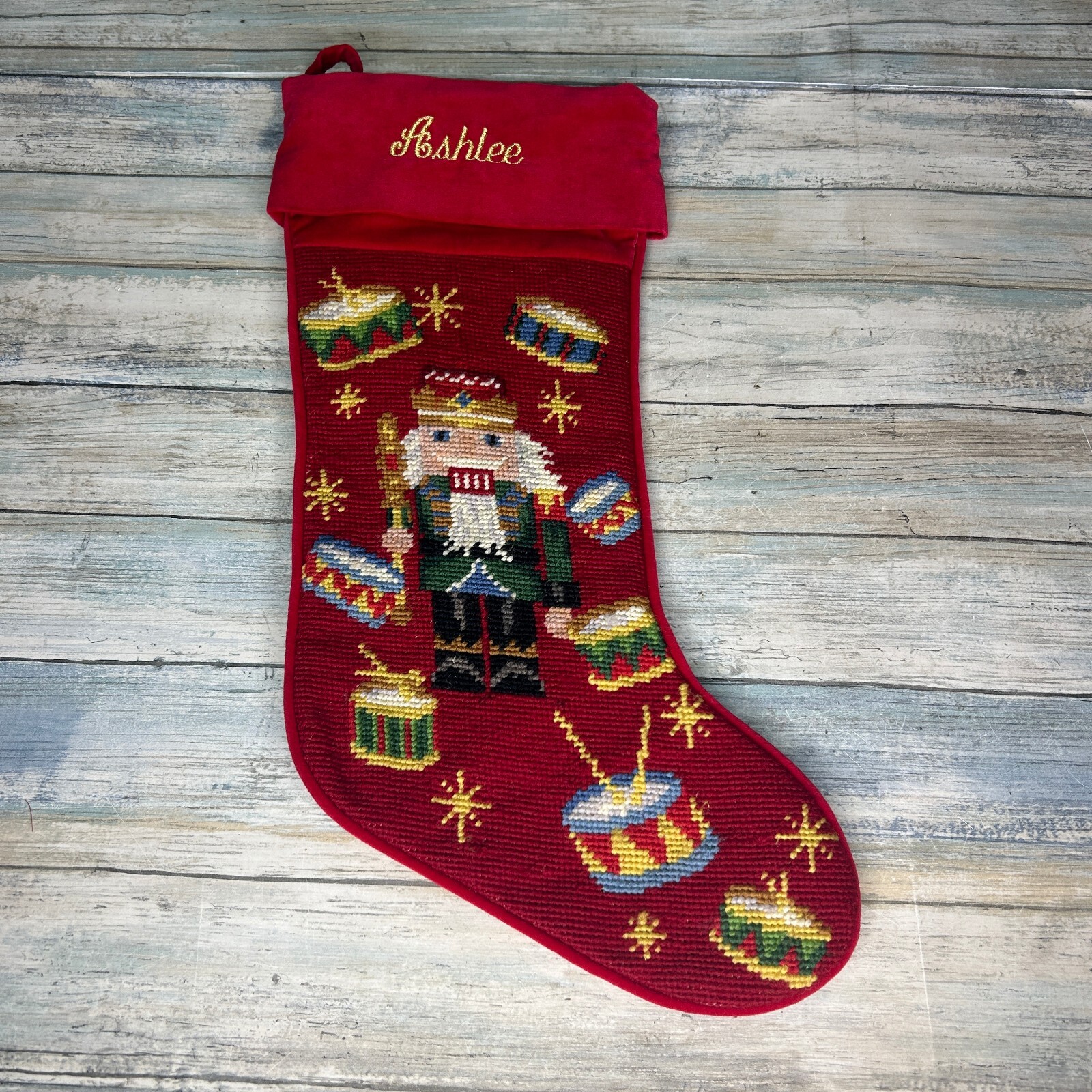 Vintage Christmas Stocking Needlepoint Nutcracker Drums ASHLEE Red 20 Inch