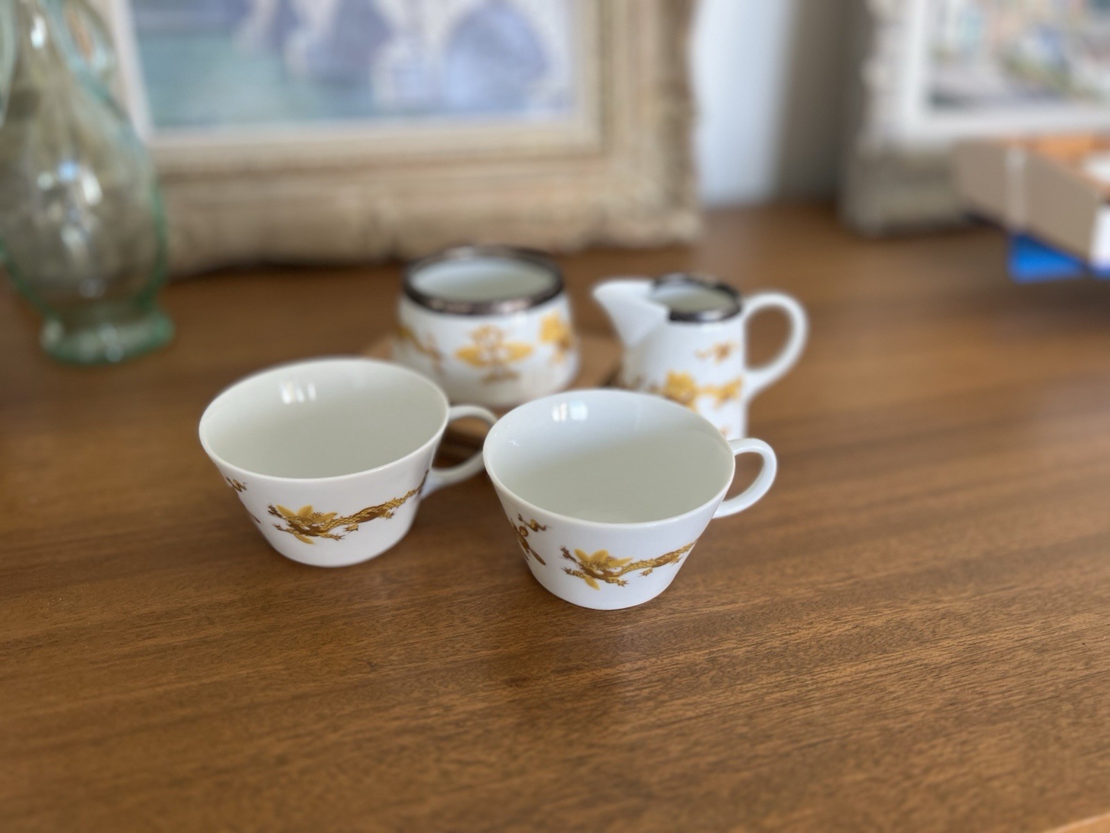 DEFECTIVE RARE Meissen Court Dragon Yellow 2 Demitasse Cups Creamer Bowl G3D