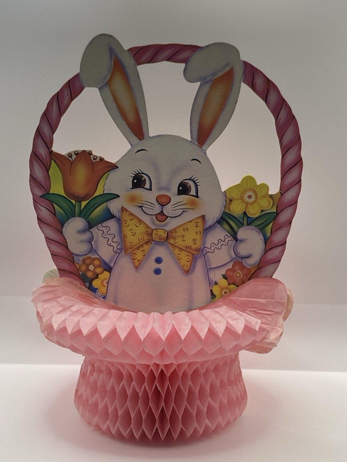 VTG ~Honeycomb Easter Decoration Centerpiece Easter Rabbit Bunny In Pink Basket