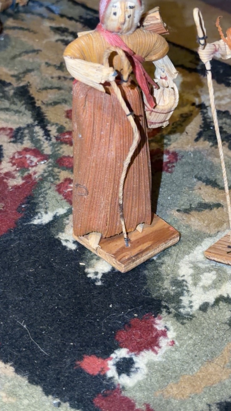 Vintage Cornhusk Doll Couple Peasant Figures Straw Folk Art Pair on Wood Bases