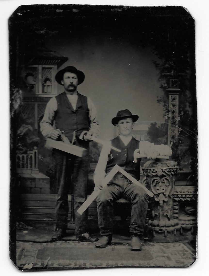 Antique Occupational Tintype Photo 2 Carpenters Tools Saw Plane Square Hammer