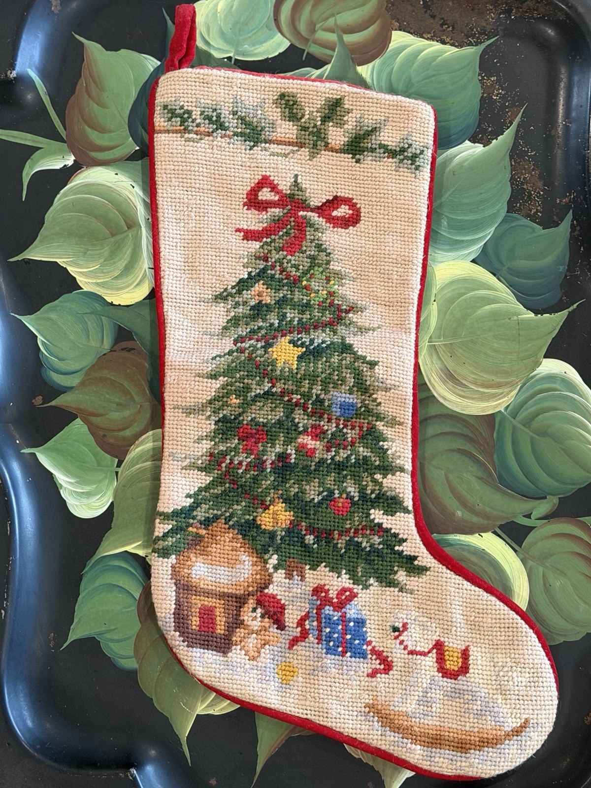Vintage Imperial Elegance Wool Needlepoint Christmas Stocking Tree with Bow 🎀