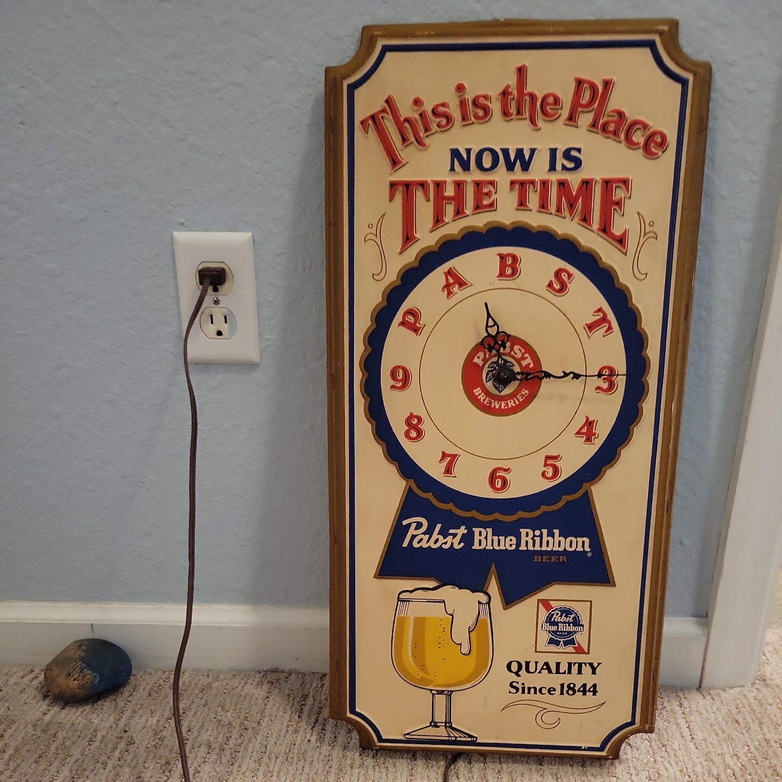 Vtg Pabst Blue Ribbon Beer Plastic Wall Clock Embossed Now Is The Time Works
