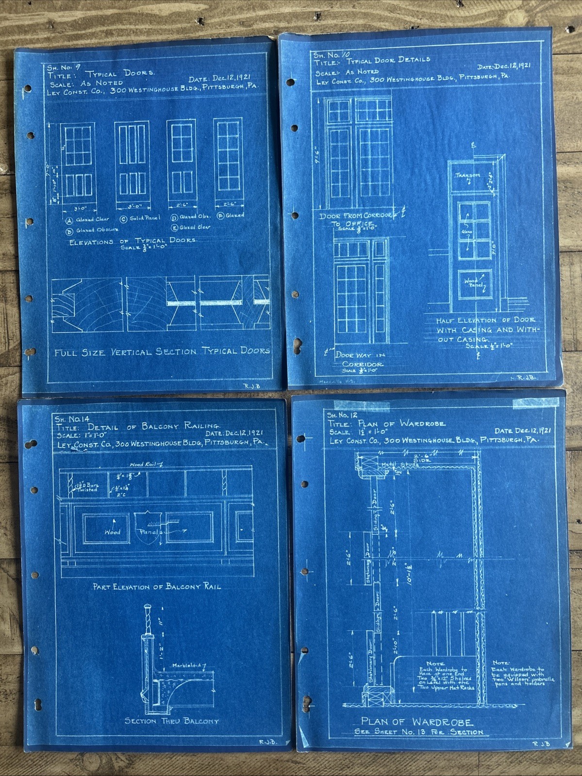 Lot of Vintage 1921 Blueprints - Cabinetry Shop Drawings